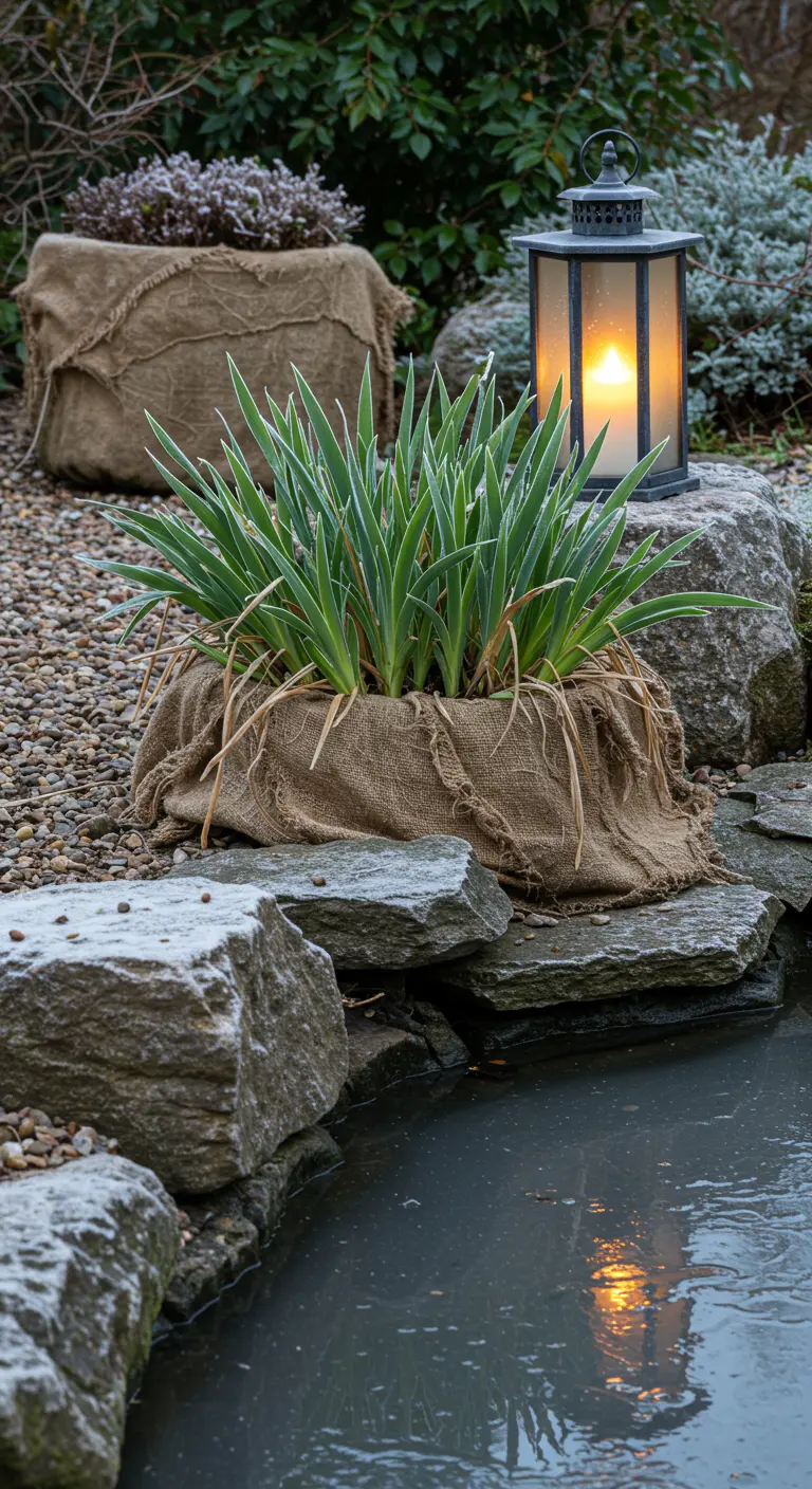 A burlap-wrapped yucca plant and a lantern on frosty rocks beside a frozen pond.