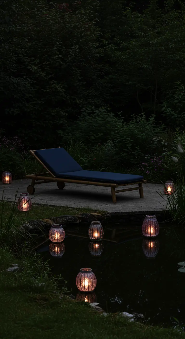 A bamboo lounger by a dark pond at night, with glowing lanterns reflected in the water.