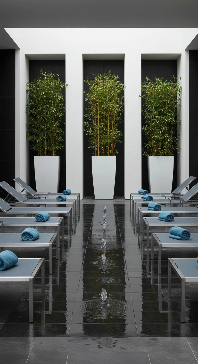 Rows of chaise lounges on a wet, reflective floor with tall white planters and bamboo.