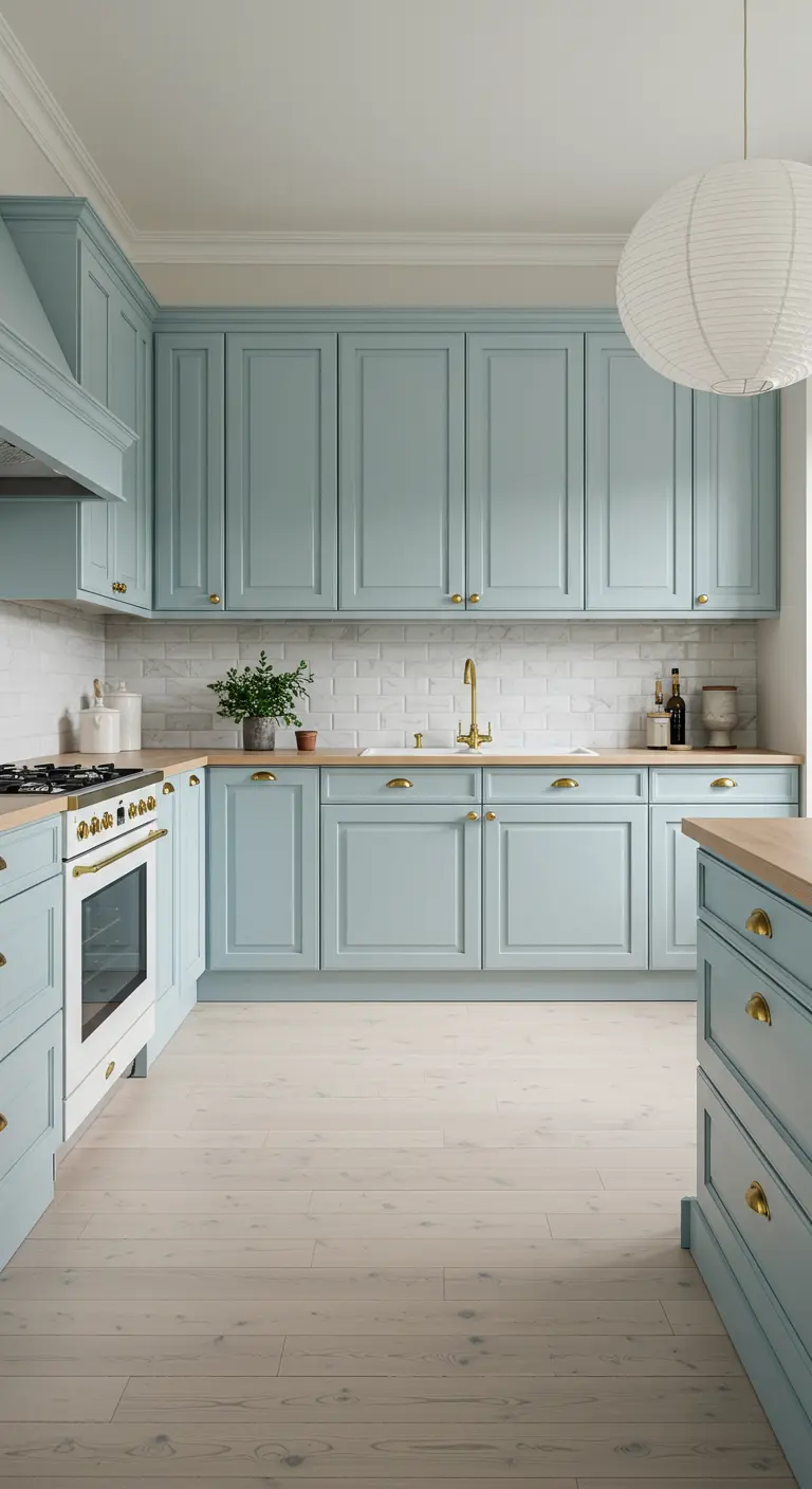 Light blue-green kitchen with wood countertops and a white paper pendant light.