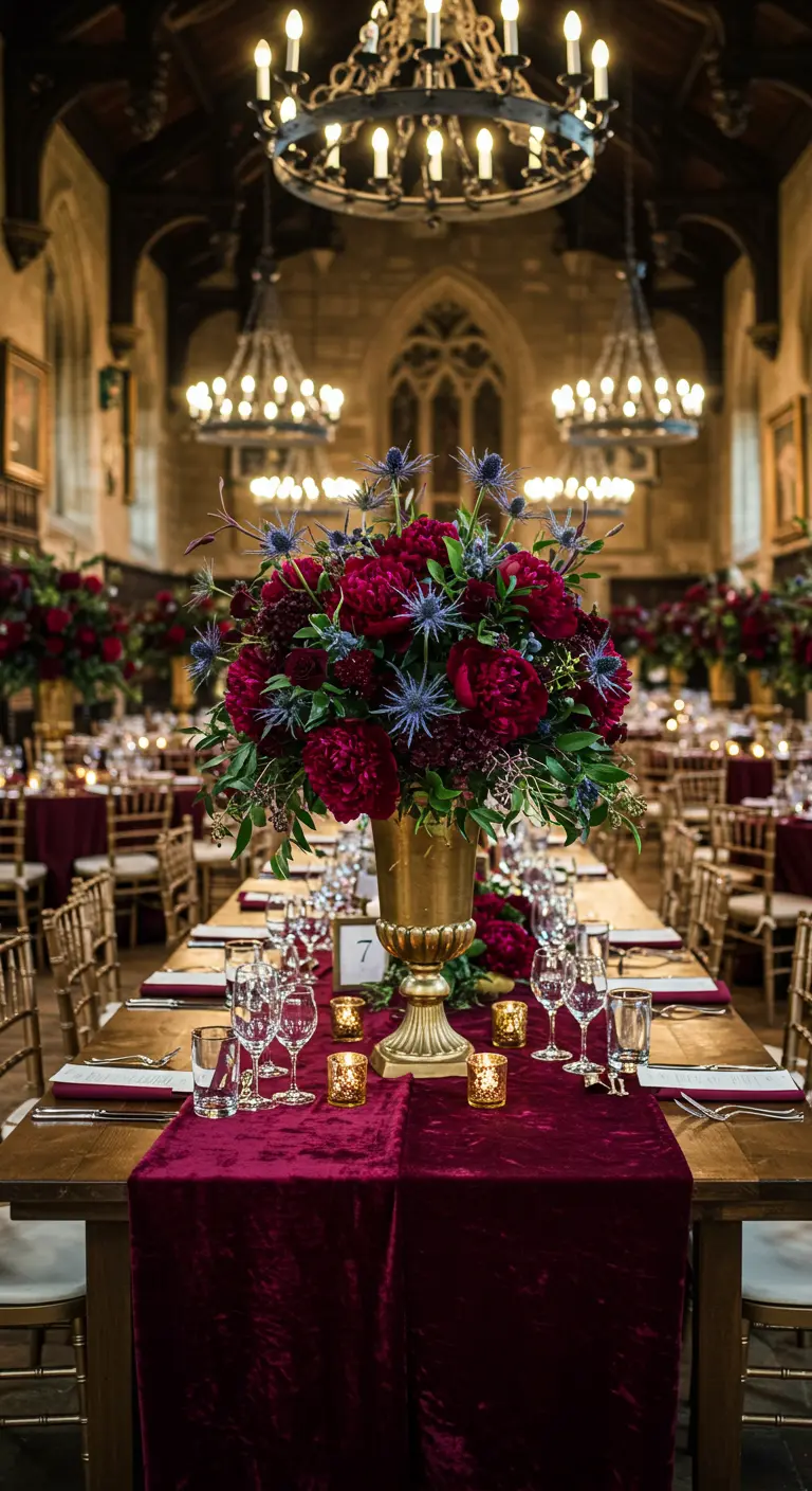 Grand hall with long wooden tables, deep red velvet runners, large floral centerpiece in gold urns.