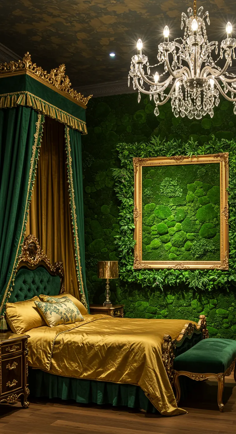 A luxurious bedroom with a gold and green velvet canopy bed and a crystal chandelier.
