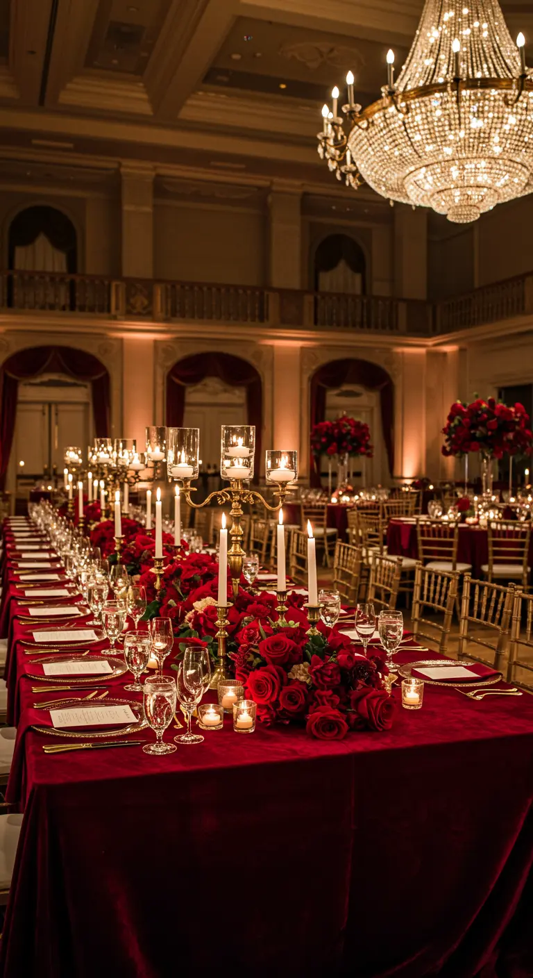 Long wedding table with red velvet cloth, red roses, and tall gold candelabras under a chandelier.