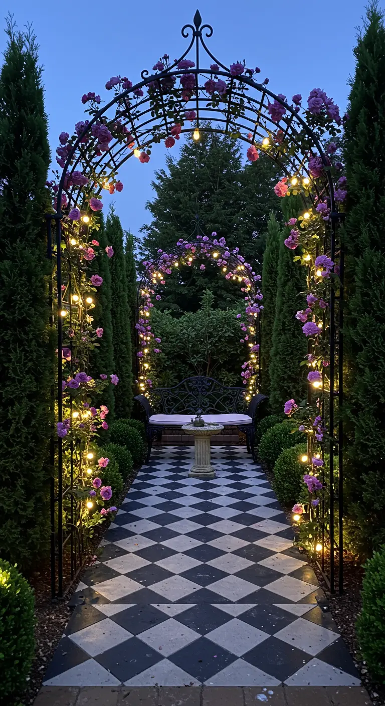 Black metal arch with purple climbing roses and fairy lights over a checkered garden path.