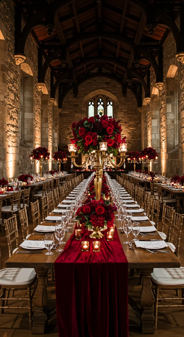 Long wooden tables with red velvet runners and gold candelabras topped with red roses.