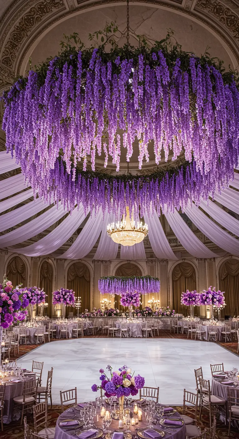 Grand ballroom with a huge circular wisteria installation over the dance floor.