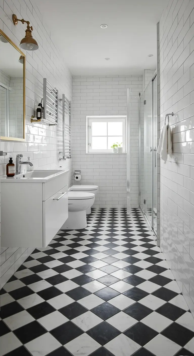 Long bathroom with classic black and white checkerboard tile laid on a diagonal.