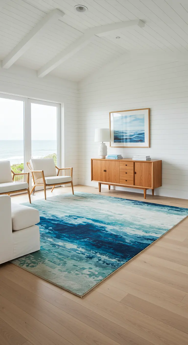An airy coastal room with a teak credenza and a blue and white abstract wave-patterned rug.