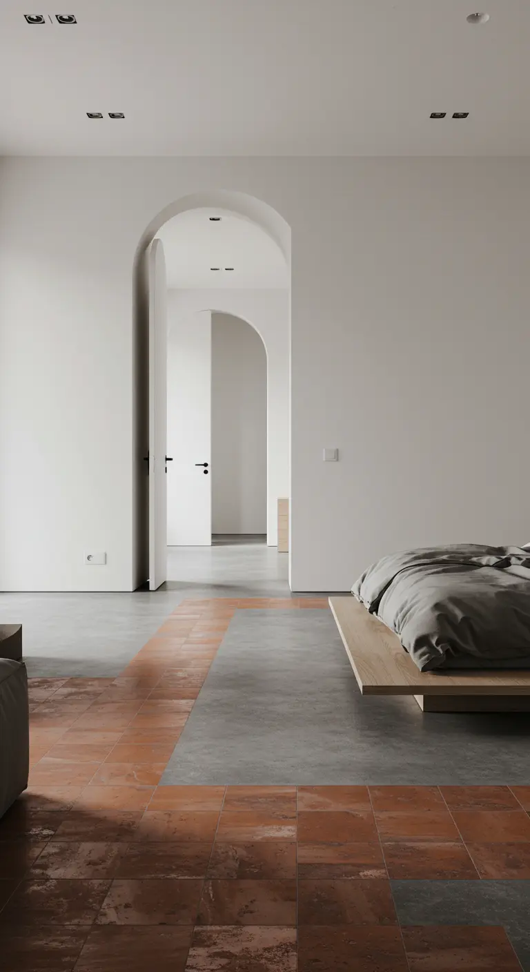 Minimalist bedroom with terracotta and concrete floors and a simple arched doorway.