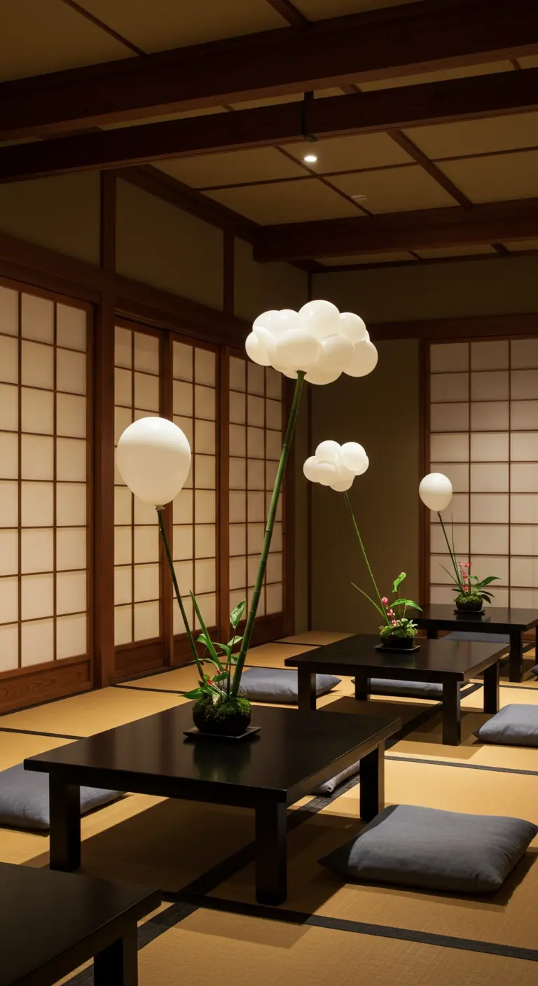 A minimalist Japanese-style room with balloon clouds on bamboo stalks as centerpieces on low tables.