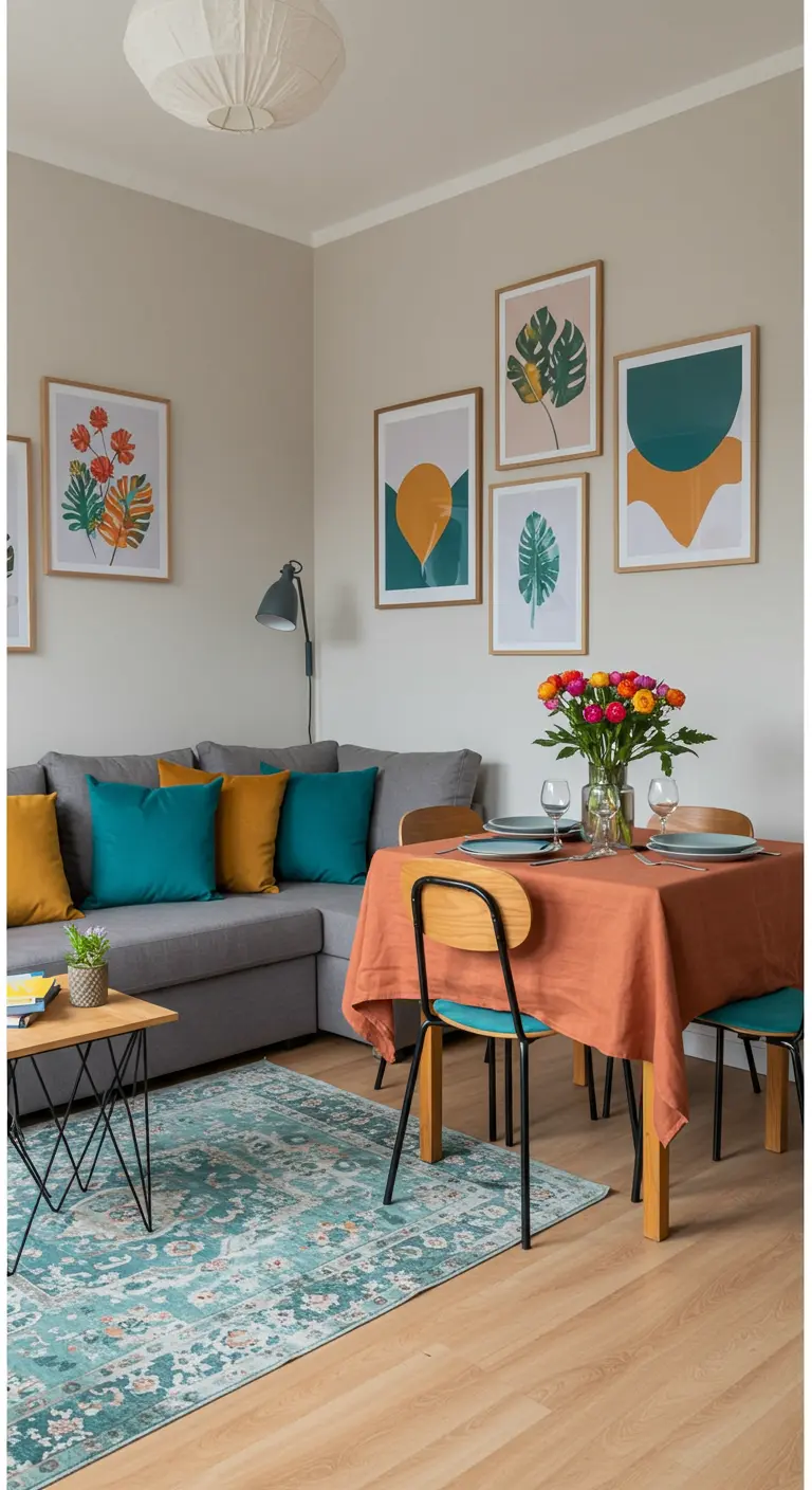 Open-plan living and dining area unified by a terracotta, teal, and mustard palette.
