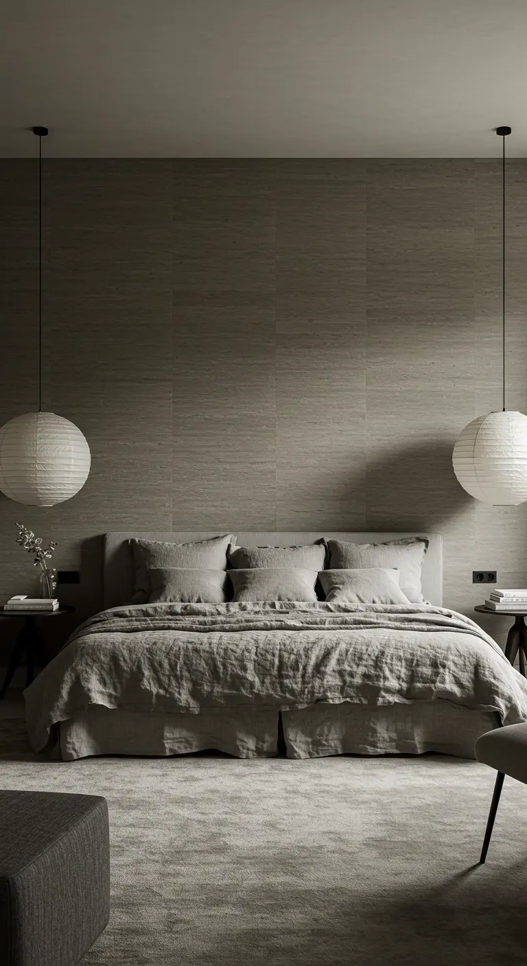 Greige bedroom with paper lantern pendants hanging on each side of the bed.