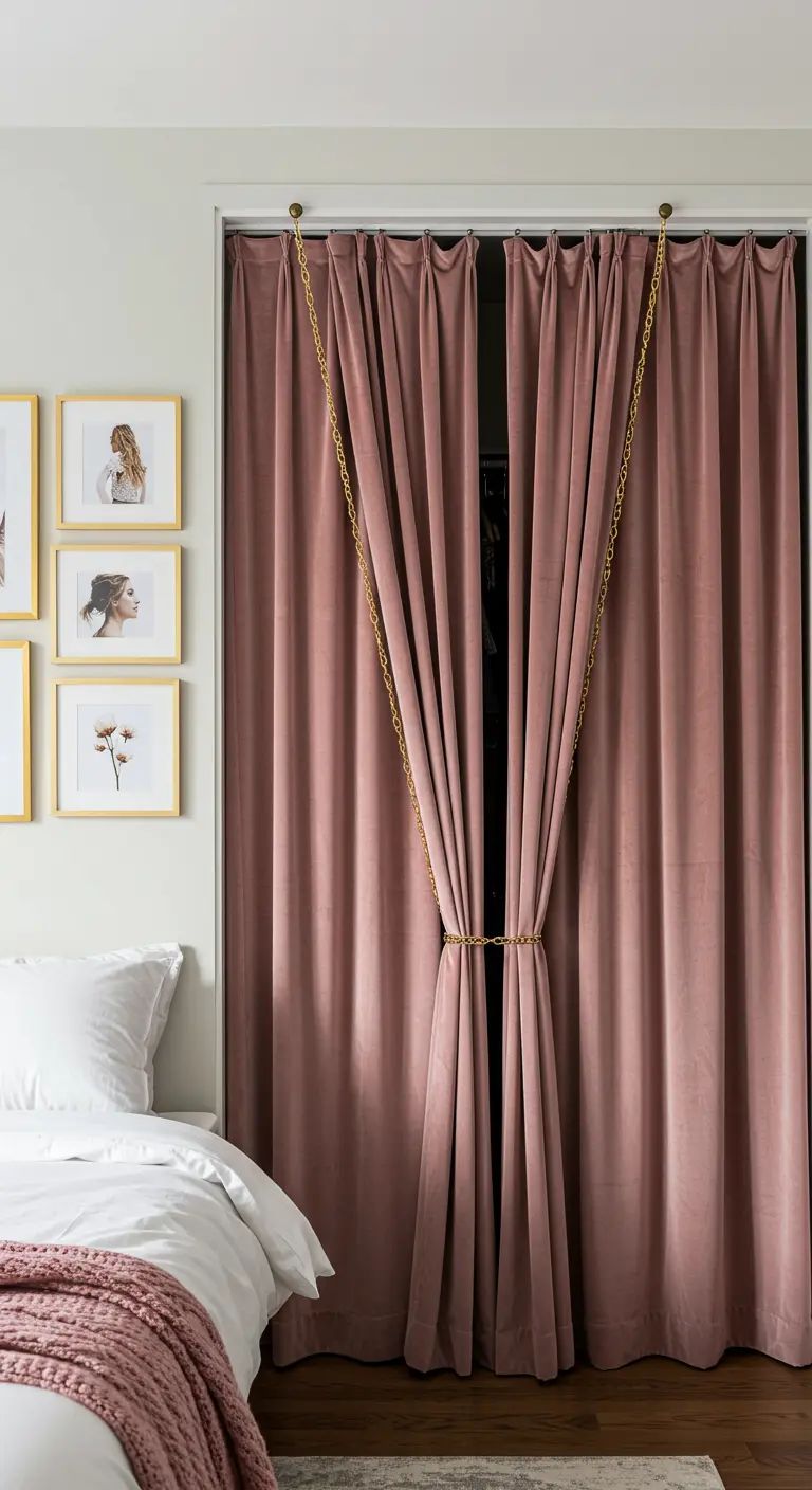 Pink velvet curtains tied with a gold chain replace closet doors.