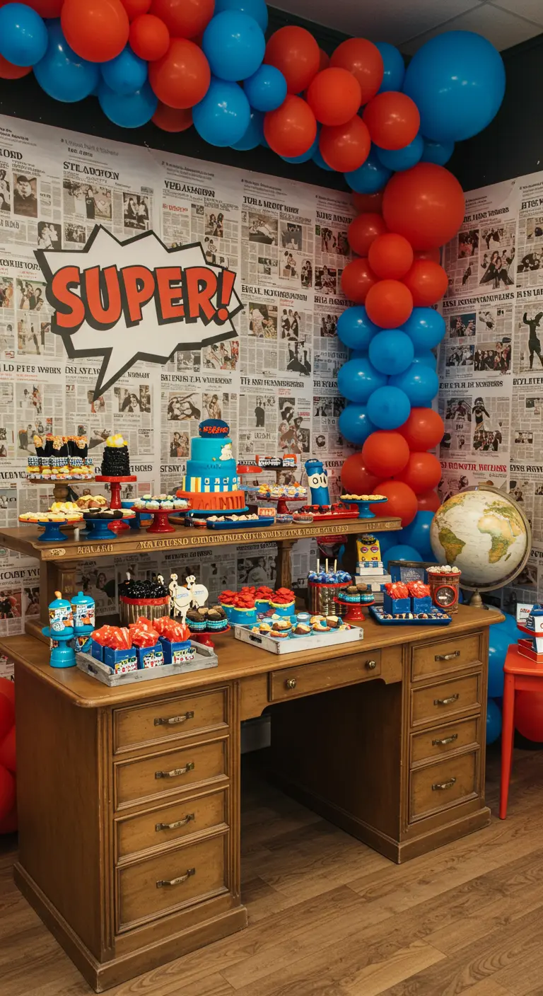 Superhero dessert station on a vintage desk with newspaper backdrop.