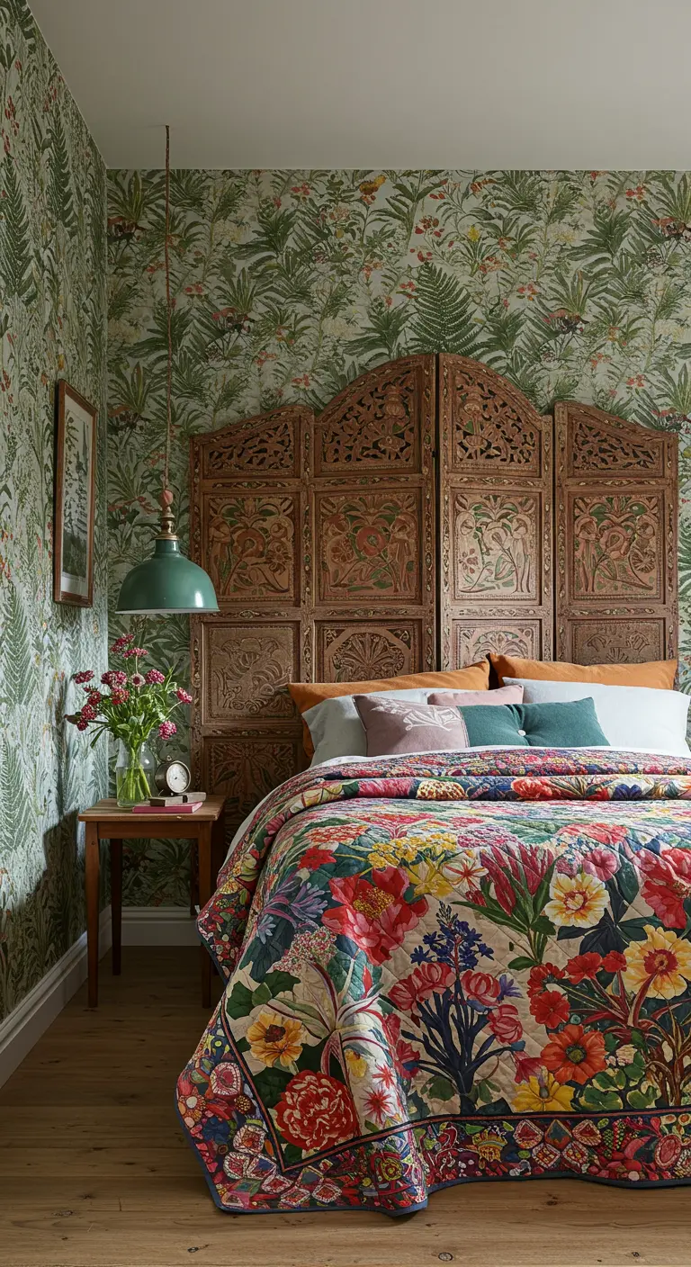 Ornate carved wood screen used as a headboard against floral wallpaper.