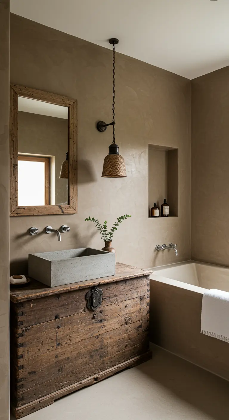 An antique wooden chest used as a bathroom vanity with a vessel sink.
