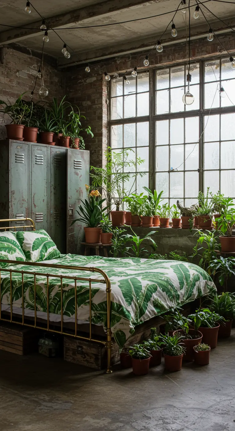 Industrial loft bedroom with green metal lockers, a brass bed, and numerous potted plants.