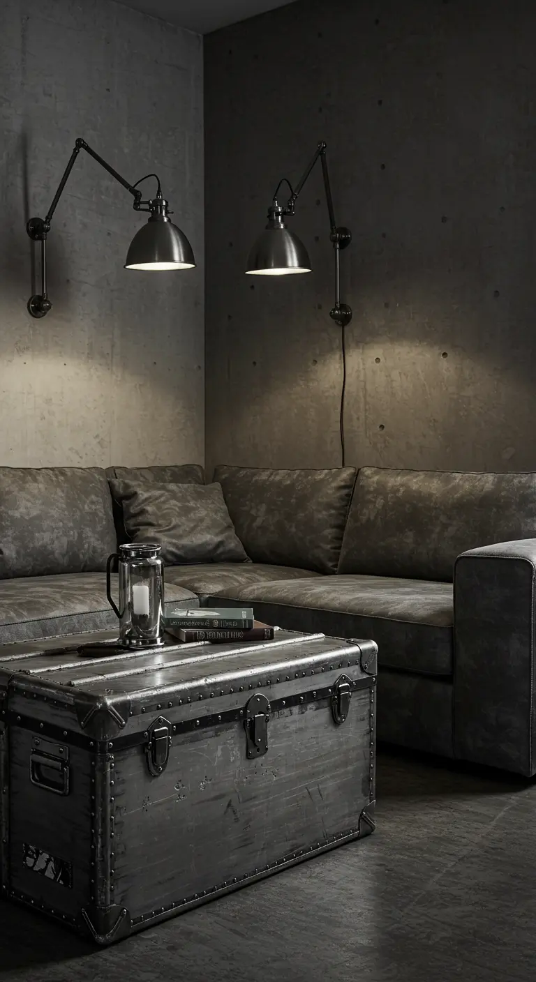 Industrial living space with a large vintage steamer trunk as a coffee table.