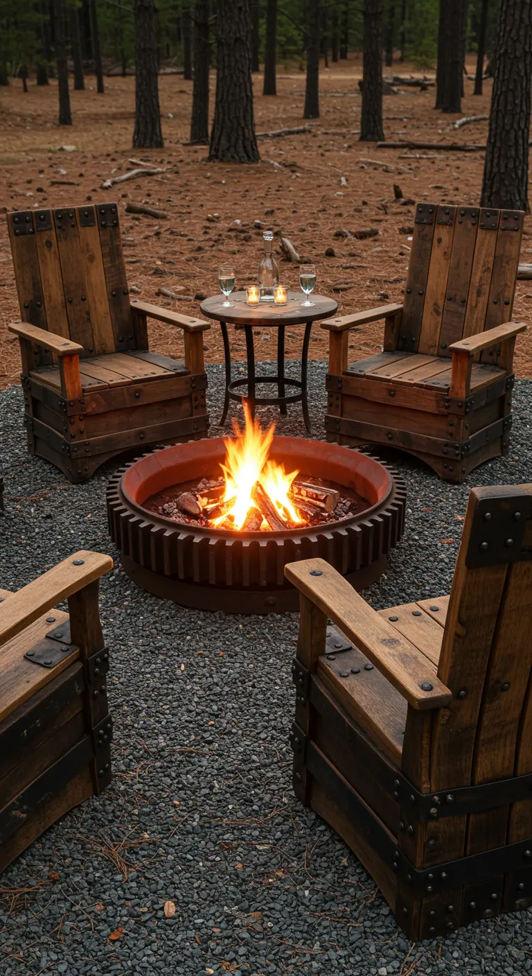 A fire pit ring made from a large, rustic industrial gear, surrounded by chunky wooden chairs.
