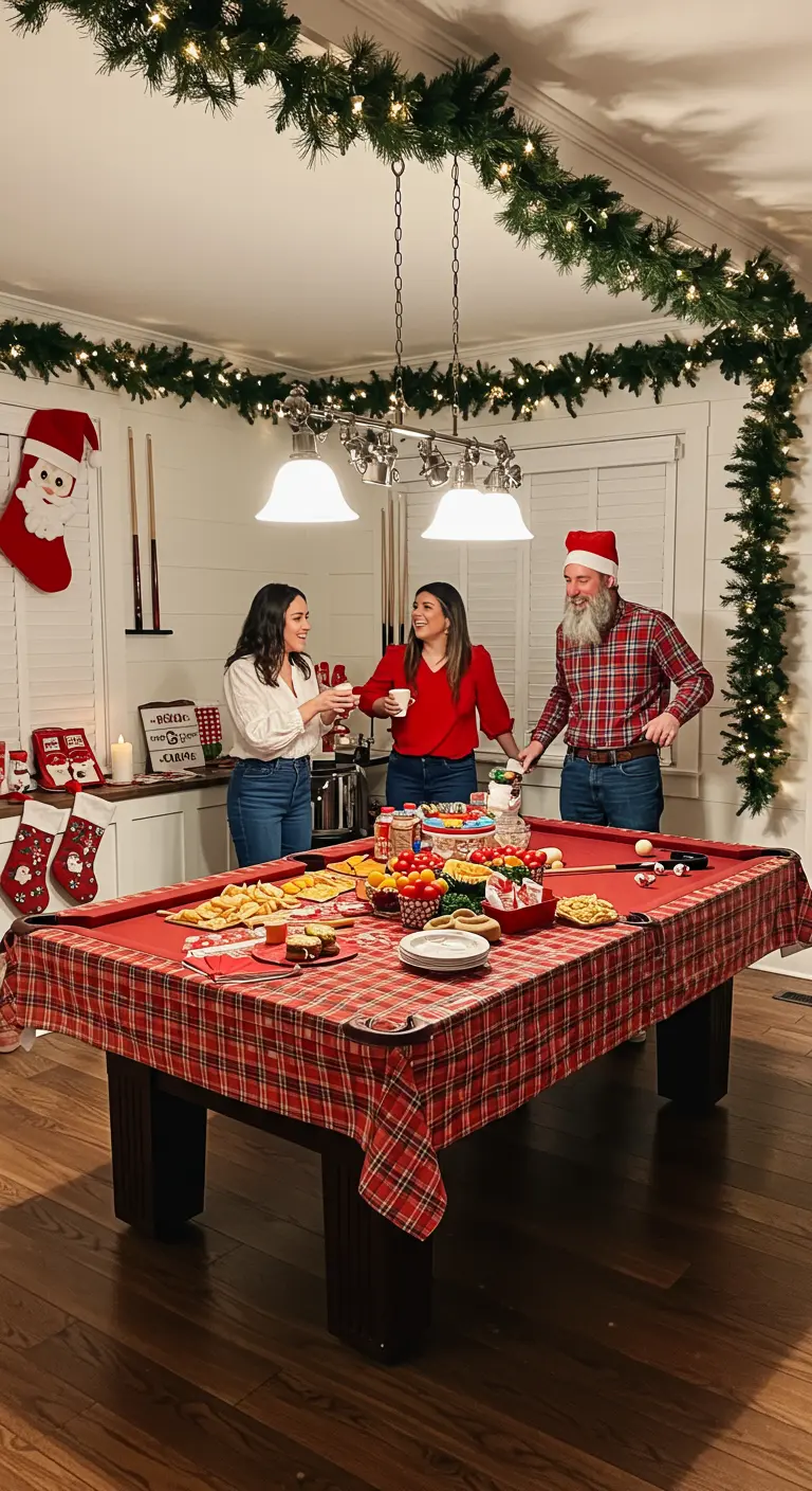 A pool table is covered with a red plaid cloth and used as a festive buffet for a party.