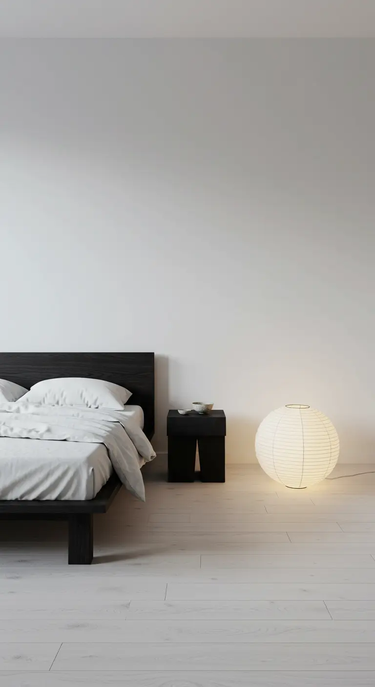 Minimalist bedroom with a low black bed, white linens, and a paper lantern.