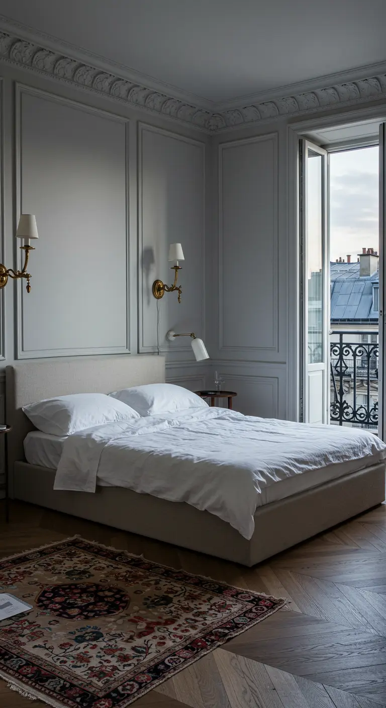 Parisian bedroom with grey panelled walls, a low-profile bed, and a door open to a balcony.