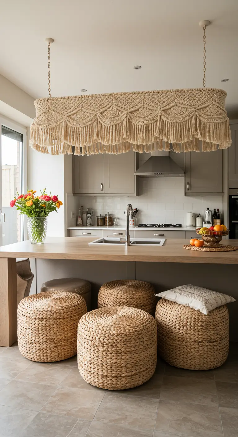 Kitchen island with four woven poufs for seating and a long macrame chandelier overhead.