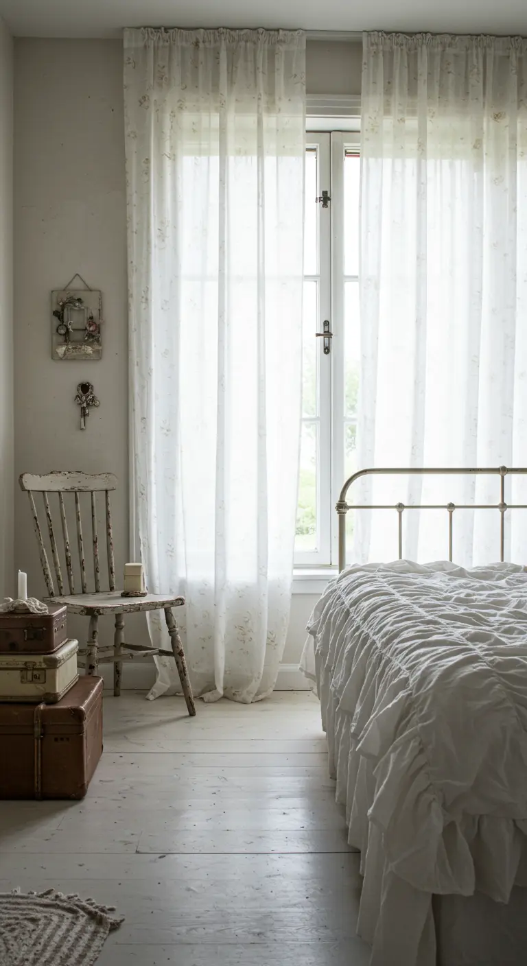 A distressed white chair serves as a nightstand next to a bed with sheer curtains.