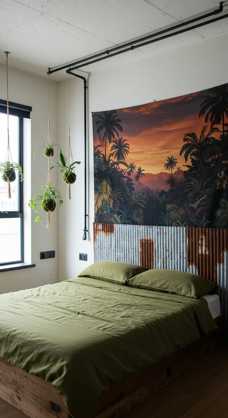 Bedroom with a corrugated metal headboard and a large tropical sunset tapestry hanging above it.