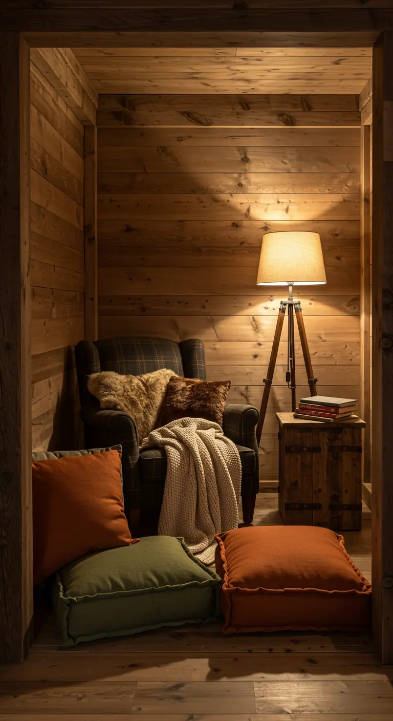 Cozy, wood-paneled nook with a plaid armchair, a cream throw, and square floor cushions in green and orange tones.