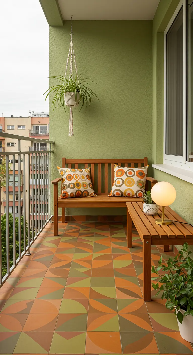 A balcony with orange and green circular-patterned tiles and a mid-century modern wooden bench.