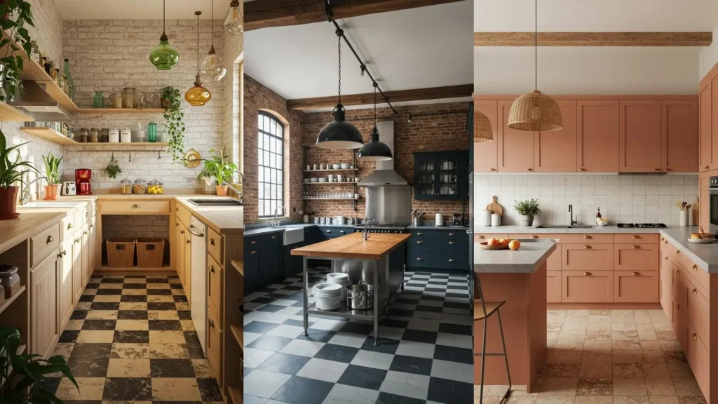 Three retro-industrial kitchens featuring checkerboard floors and vintage pendant lights.