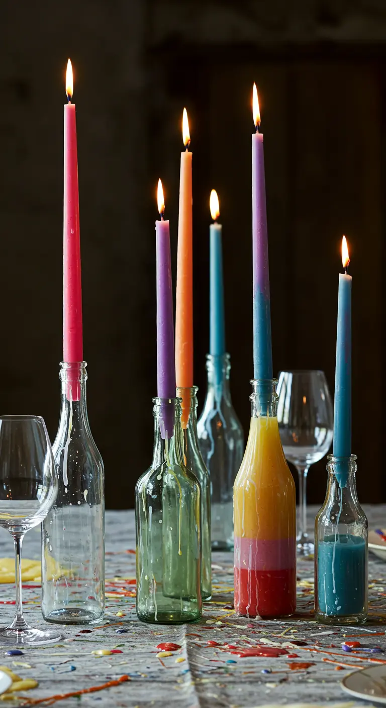Colorful wax from melted crayons and candles dripping down clear and colored glass bottles.