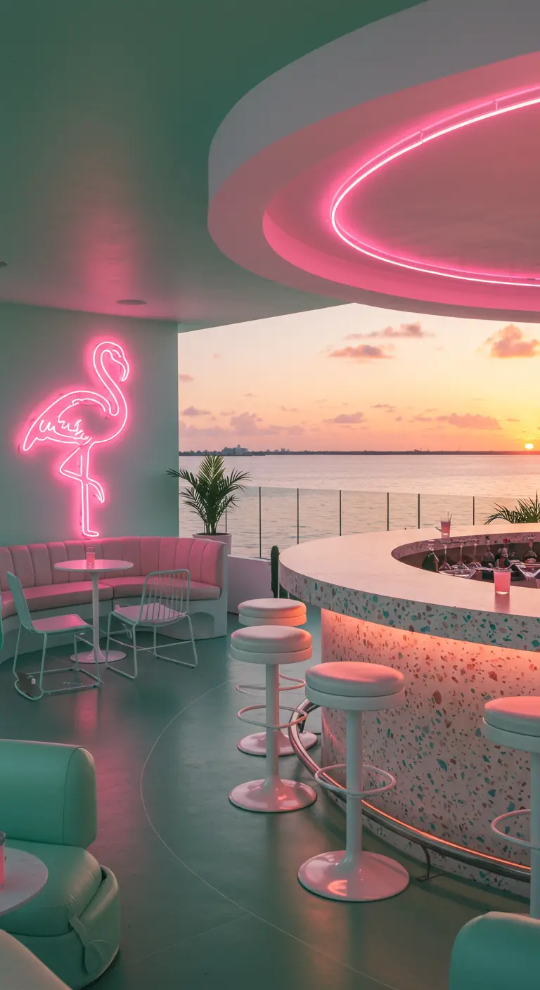 Pink and mint retro-style bar with a flamingo neon sign overlooking the sea.
