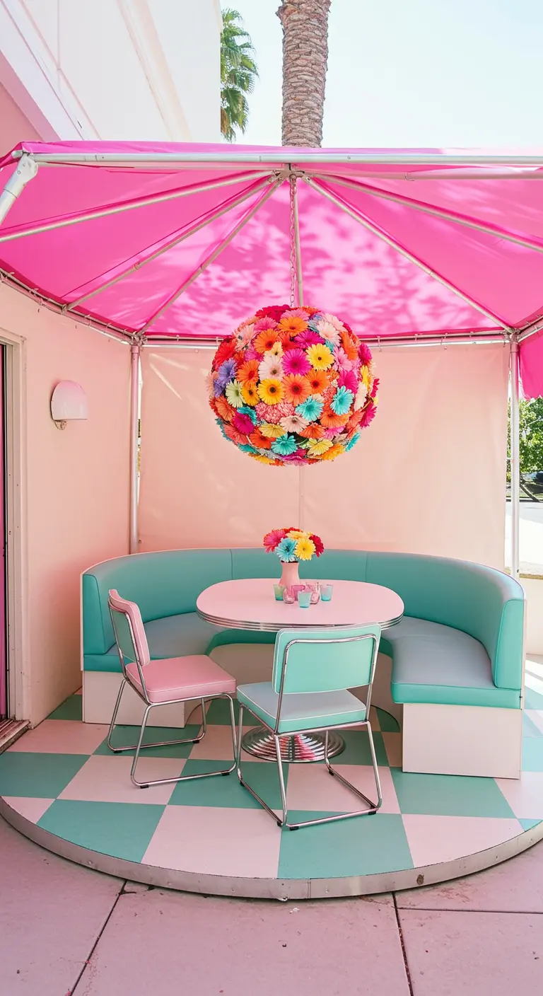 A retro-style dining nook with a pink umbrella, turquoise seating, and a colorful gerbera daisy sphere.