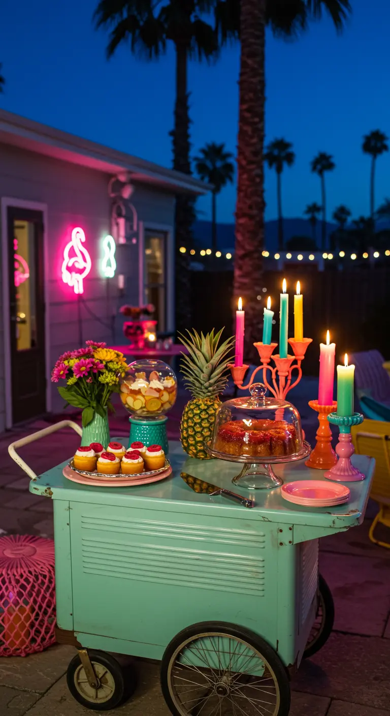 A retro turquoise bar cart with colorful candles, a neon flamingo sign, and vibrant desserts.