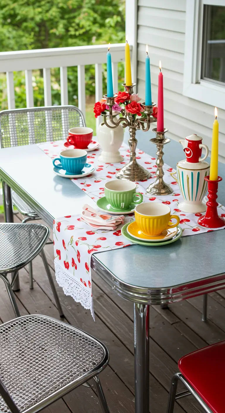 A retro-style patio table set with colorful teacups, bright candles, and a cherry-print runner.