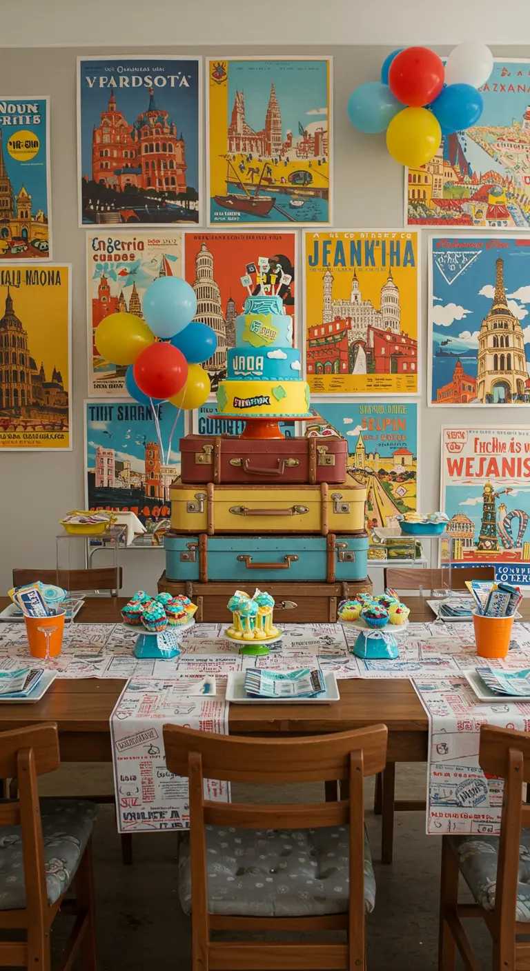 A wall decorated with colorful vintage travel posters behind a cake table.