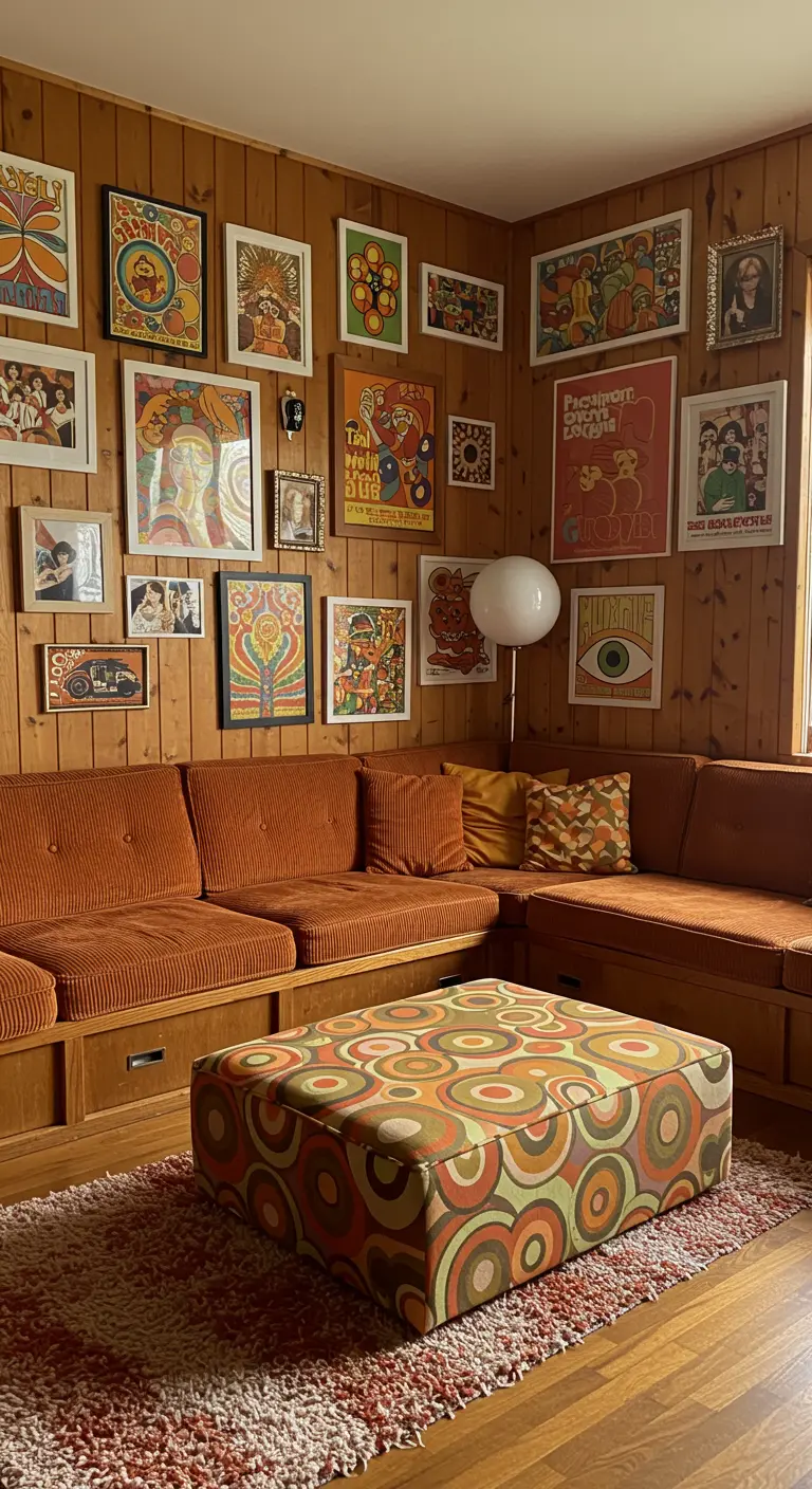1970s-inspired room with wood paneling, an orange sectional, and a gallery of psychedelic posters.