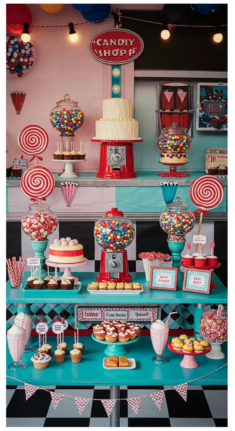 Retro candy shop dessert table with gumball machines and a checkerboard floor.