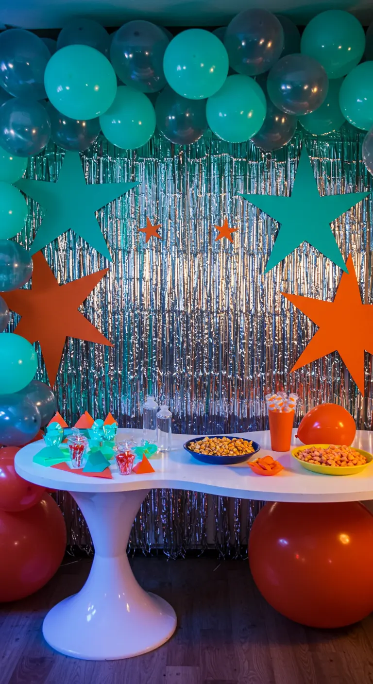 A shimmering silver tinsel backdrop with large retro star cutouts and colorful balloons.