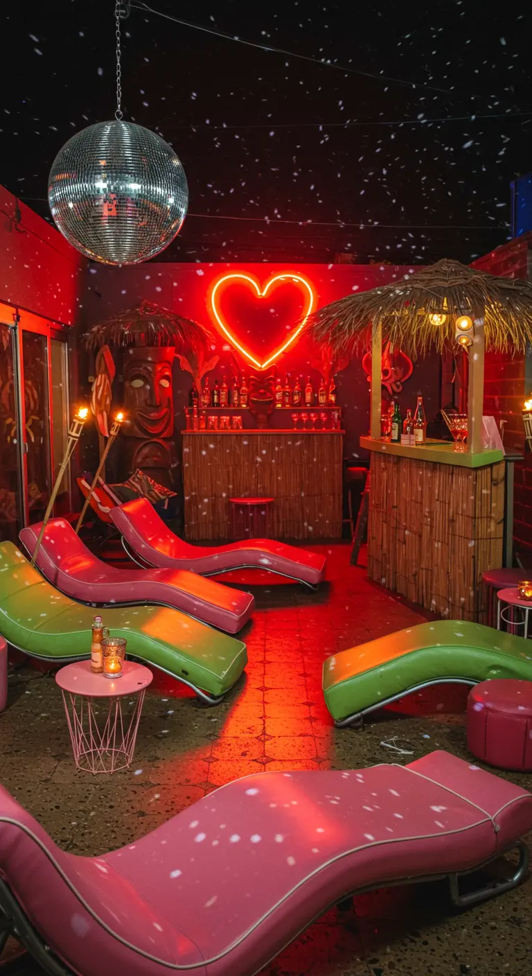 A retro tiki bar patio with colorful loungers, a neon heart, and a disco ball.