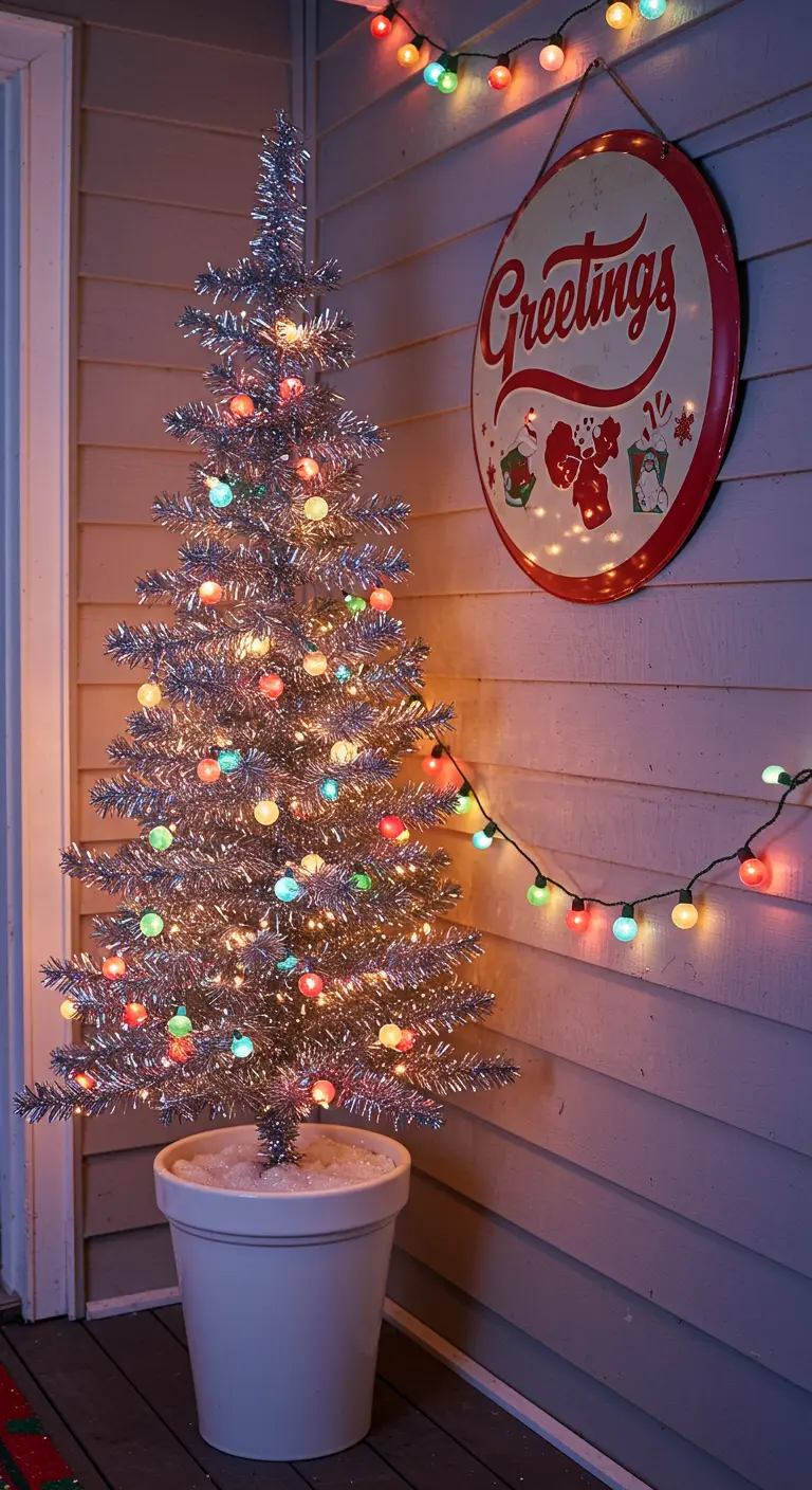 A silver tinsel tree with large, colorful bulbs next to a vintage greetings sign.