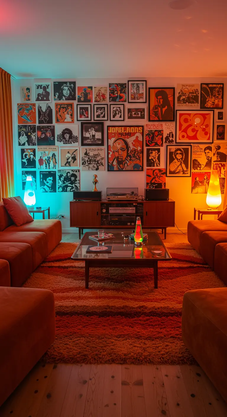 Retro living room with orange sofas, a coffee table with a lava lamp, and a full wall of framed concert posters.