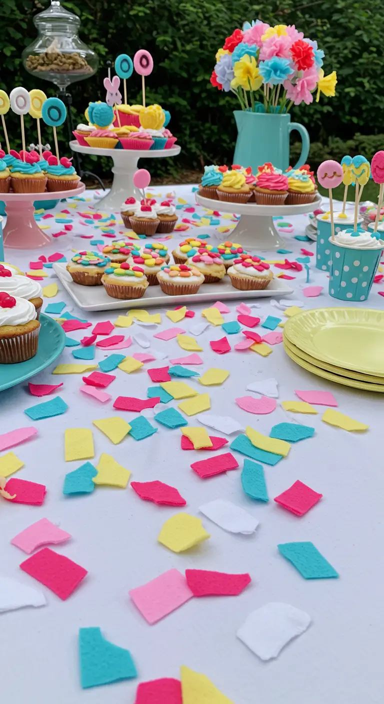 A party table scattered with colorful rectangular pieces of felt confetti.