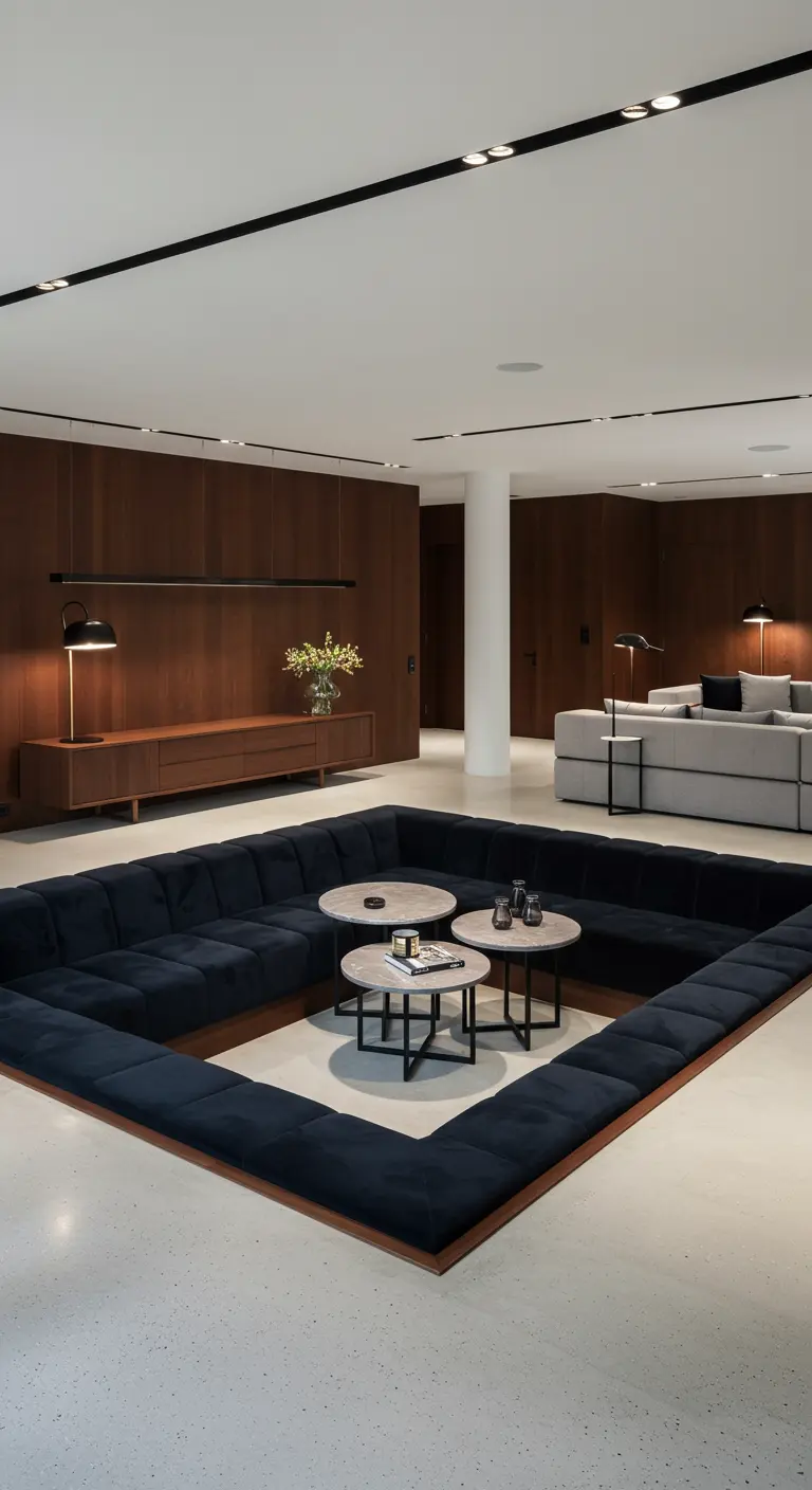 A modern sunken conversation pit upholstered in dark velvet.