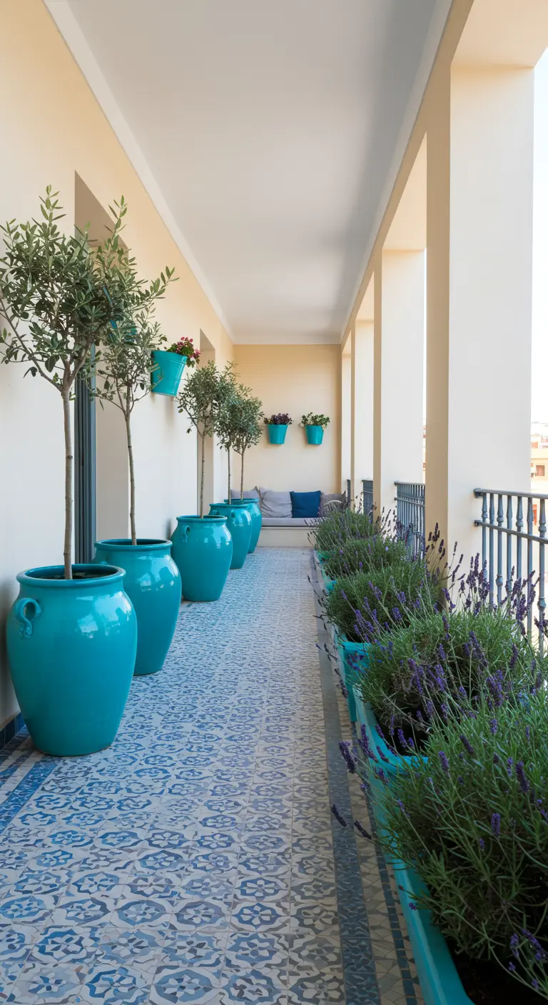 Long veranda with repeating turquoise pots, lavender, and blue patterned floor tiles.