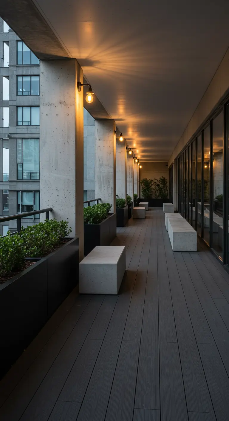 A long, covered balcony with repeating concrete benches, black planters, and warm lighting.