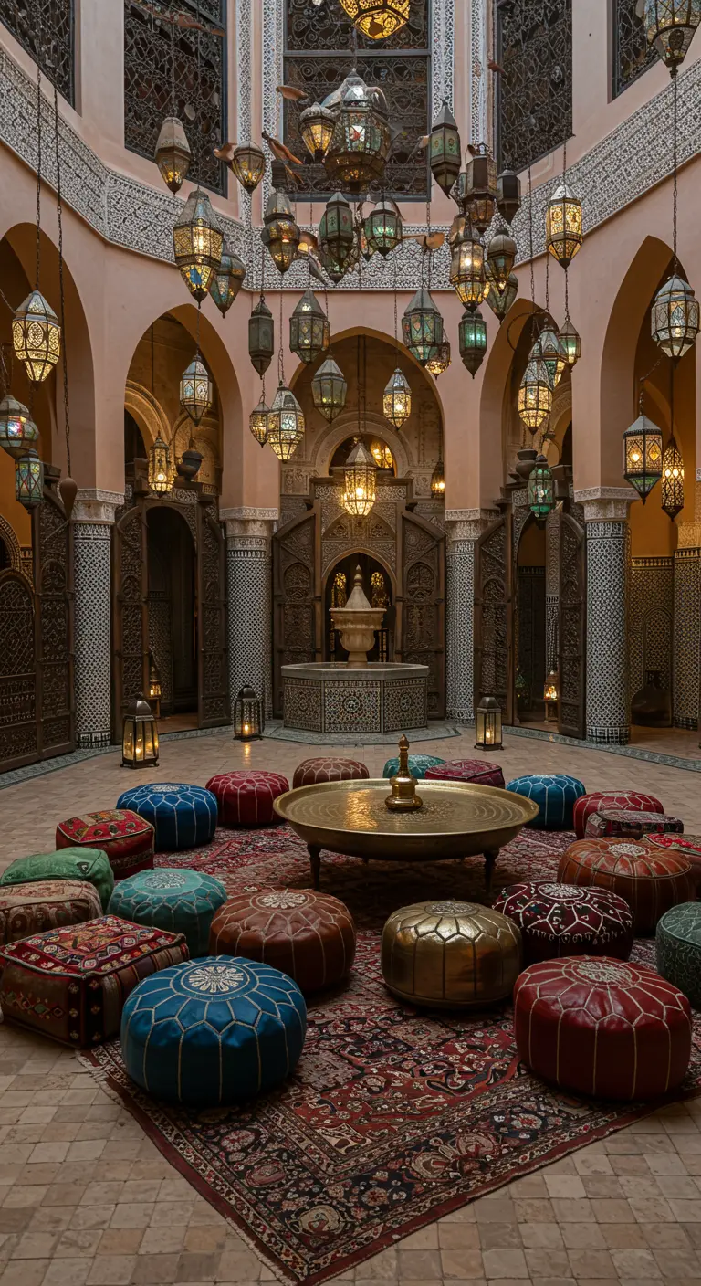 Ornate courtyard with jewel-toned leather poufs around a brass table, under many hanging lanterns.