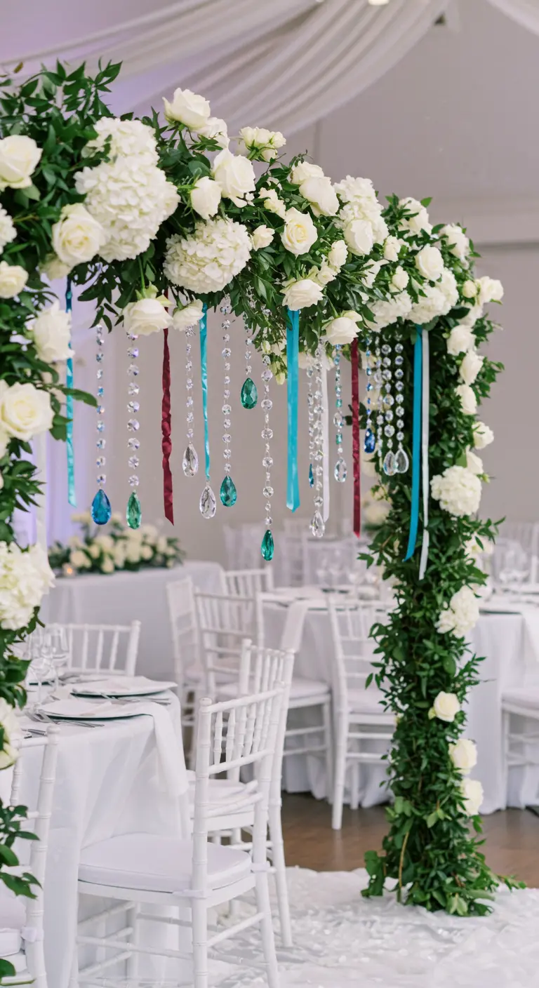 A lush floral arch decorated with white roses, hanging crystals, and colorful ribbons.